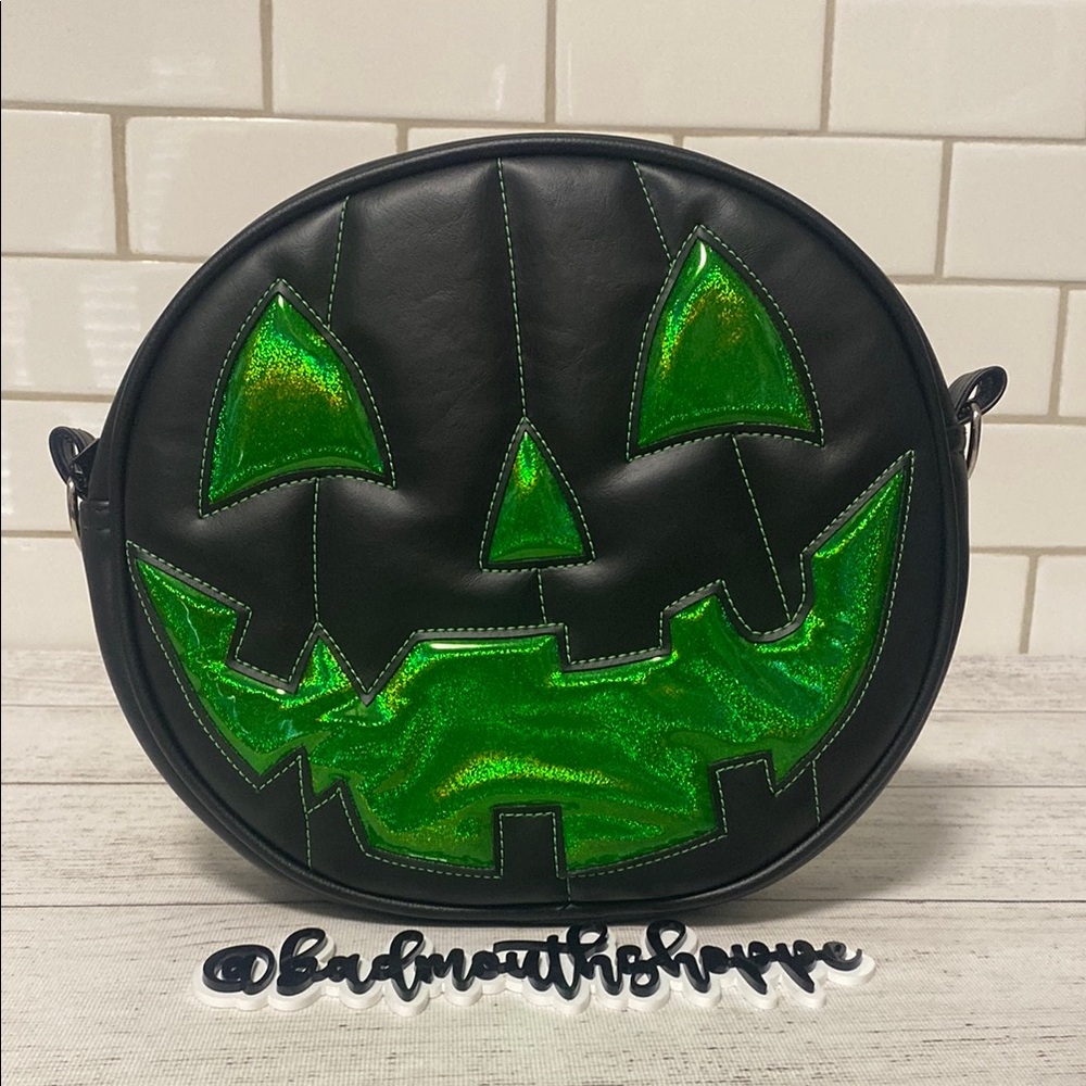 *Love Pain and Stitches Happy Tooth Black and Iridescent Green Pumpkin Purse